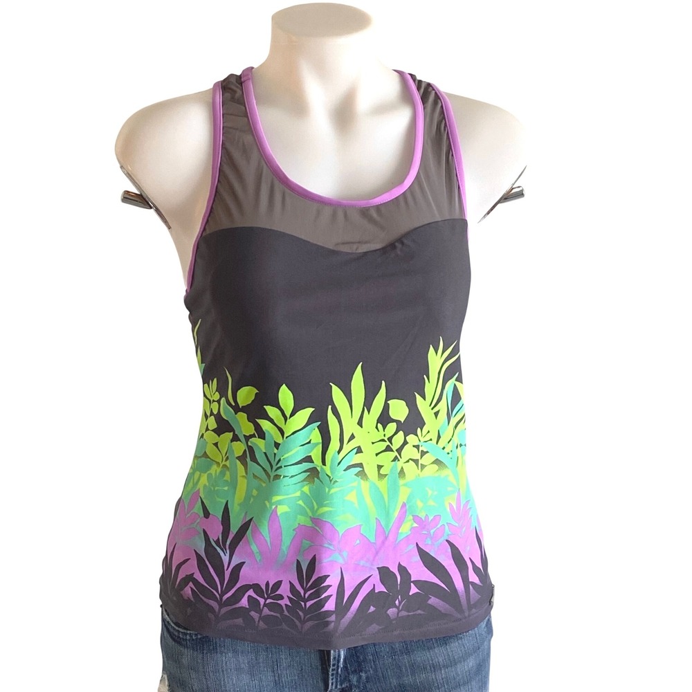 ZeroXposur Womens Tropical Leaf Racerback Tankini Top Grey Purple Size S - Picture 1 of 6